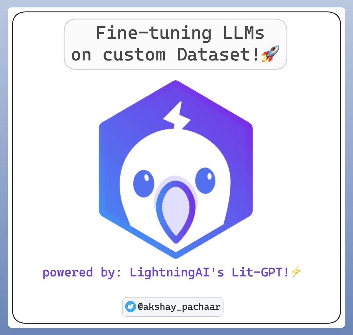 akshay_pachaar's tweet photo. Everyone should learn how to fine-tune LLMs! 🔥

Introducing Lit-GPT! ⚡️

- Fully open-source
- Based on NanoGPT
- Supports Llama2, Mistral &amp; Mixtral &amp; more!
- Powered by LightningAI's Lightning Fabric!

Here's the finetuning process in 5️⃣ easy steps...👇 https://t.co/sjKCosHbFC