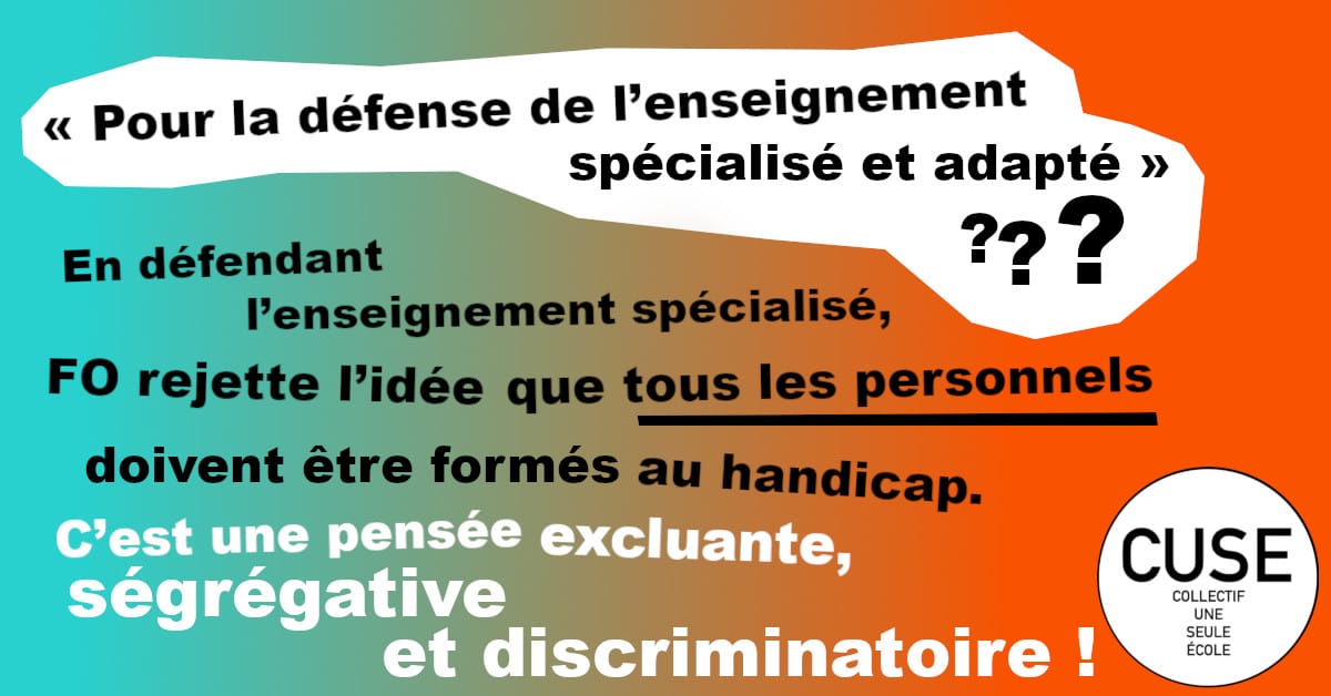 uneseuleecole's tweet photo. Les syndicats de l'EN défendent l'enseignement spécialisé quand les personnels devraient toustes être massivement formés pour être en capacité d'accompagner des élèves handicapéEs à l'école.

Si tous sont formé, on avance! Mais FO n'aurait plus d'excuses pour exclure. https://t.co/4NxYUBbO03