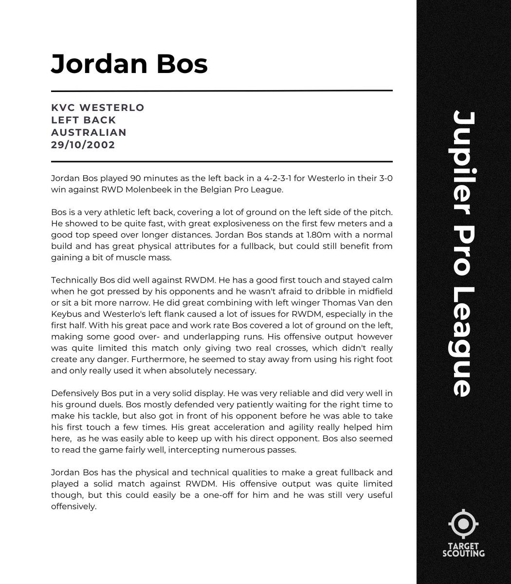 Jordan Bos (LB, '02, 🇦🇺) played 90 minutes for Westerlo in their 3-0 win against RWD Molenbeek in the Belgian Pro League.

Read <a href="/JosseVB/">Josse van Bakel</a>'s thoughts here 👇