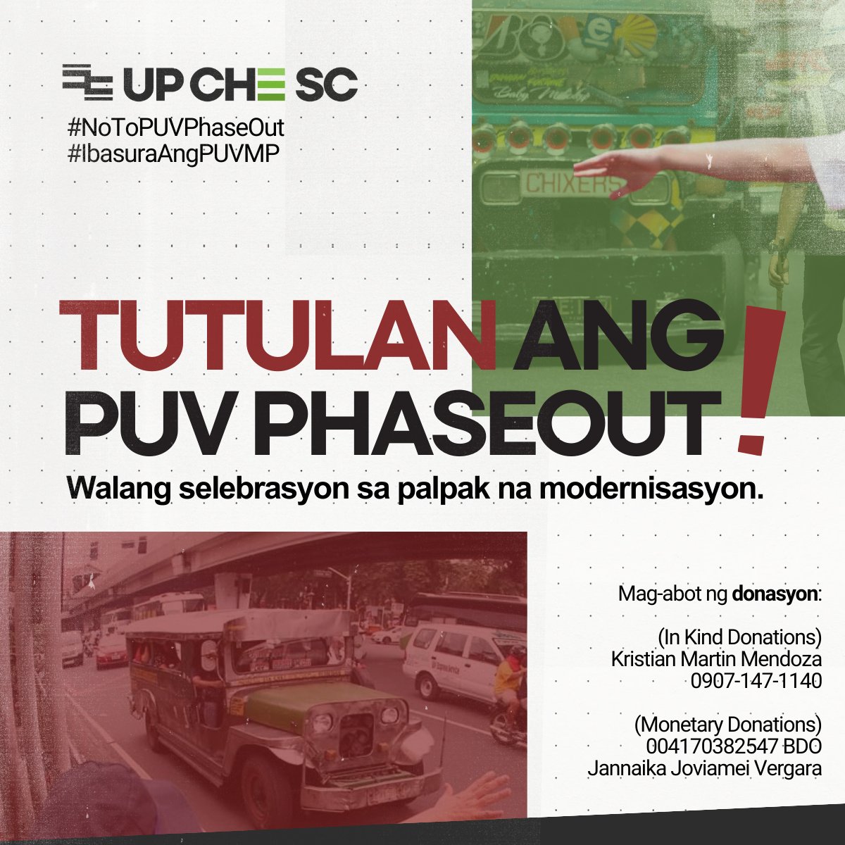 upd_chesc's tweet photo. The UP College of Home Economics Student Council stands in solidarity with our jeepney drivers in junking the PUV Modernization Program.

Stand in solidarity with our tsuper heroes.

#NoToPUVPhaseOut
#IbasuraAngPUVMP
#IbasuraAngDeadline https://t.co/k88SL9WjxH