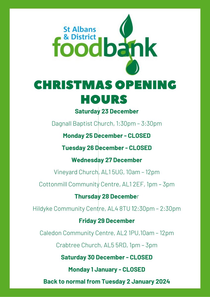 Here's a quick reminder of the #foodbank opening times for the next couple of weeks - we're closed Monday 25 Dec, Tuesday, 26 Dec, Saturday, 30 Dec and Monday, Jan 1.  Back to normal 2 January 2024.
For full details go to ow.ly/zouQ50Qhjg3