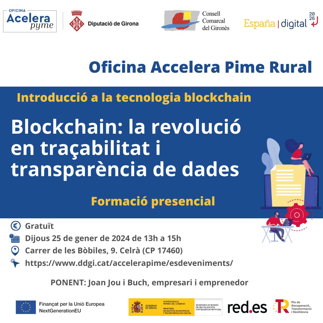 DiputacioGirona's tweet image. 📲 La blockchain és una autèntica revolució tecnològica.
Voleu endinsar-vos en el seu funcionament i saber-la aplicar❓
Apunteu-vos❗

🗓️25 de gener 
⏰de 13 a 15 h
📍#Celrà

✅Formació gratuïta

✍️Inscripcions: bit.ly/3PUjoP6

#OficinasAcelerapyme #NextGenerationEU…