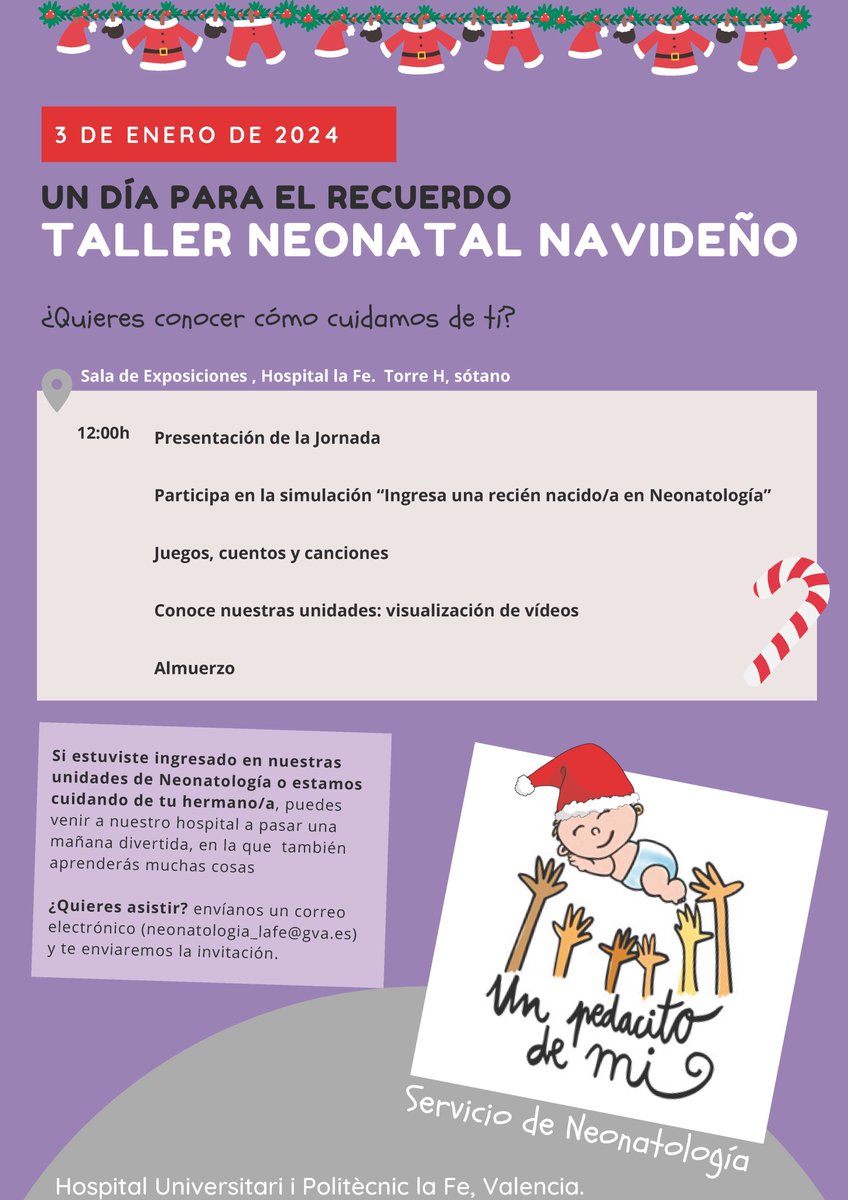 HospitalLaFe's tweet photo. 🗓El 3 de enero en @HospitalLaFe celebramos un taller neonatal navideño.👶 Si estuviste ingresad@ con nosotros o estamos cuidando de tu herman@, puedes venir a pasar una mañana divertida en la que aprenderás muchas cosas. 
Escríbenos a ➡neonatologia_lafe@gva.es para asistir. https://t.co/Z9gmjVec9Y