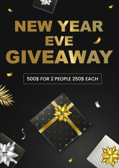 NEW YEARS EVE GIVEAWAY CONTEST:🍾🎉

We are #Giveaway 500$ to 2 of my lucky followers! 250$ each in #USDT.  

Rules: 
- Must follow <a href="/Teo_trading/">Teo</a> &amp; <a href="/rayworld1995/">Rayworld</a> 

- Must like, retweet, and tag 3 friends on this post. 

 - Multiple accounts or bot accounts will be excluded.