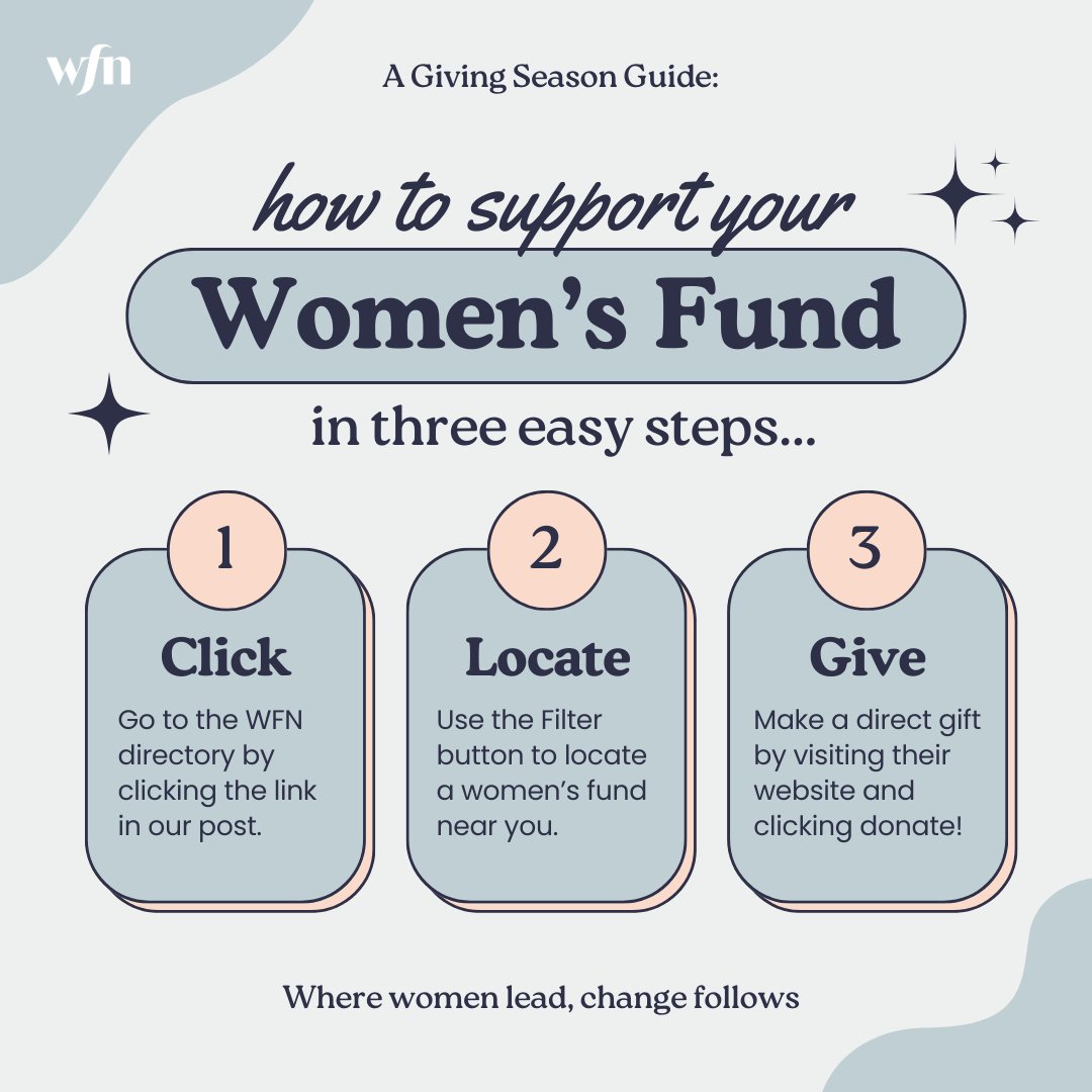 Where women lead, change follows. This giving season, support your local women's fund by using our simple guide! Go to WFN's member directory bit.ly/3N4Pfuz, use the filter button to locate a women's fund near you, and make a direct gift to them through their website.