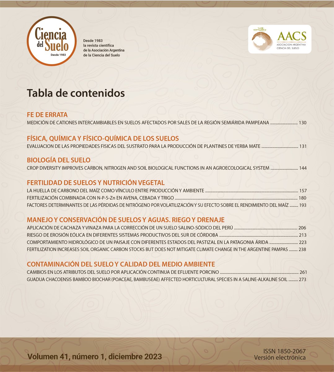 Te invitamos a acceder a los contenidos del volumen 41, número 2 de #CienciadelSuelo. La revista científica de <a href="/AACSuelo/">CienciadelSuelo</a>

👉 Versión electrónica disponible en nuestra nueva página web: cienciadelsuelo.suelos.org.ar

#SoilsCience #CiênciadoSolo
#ElSueloEsVida #TheSoilIsLife