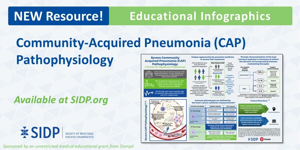 NEW Resource! 🚨 Check out this infographic detailing the pathophys of severe #CAP.  Highlighting the role of immune response &amp; opportunities for personalized therapies. Created by SIDP members &amp; available here: buff.ly/3NxU2Fa. Resource sponsored by Dompe. <a href="/RamaraWalker/">Ramara E. Walker, PharmD, BCIDP, AAHIVP</a>