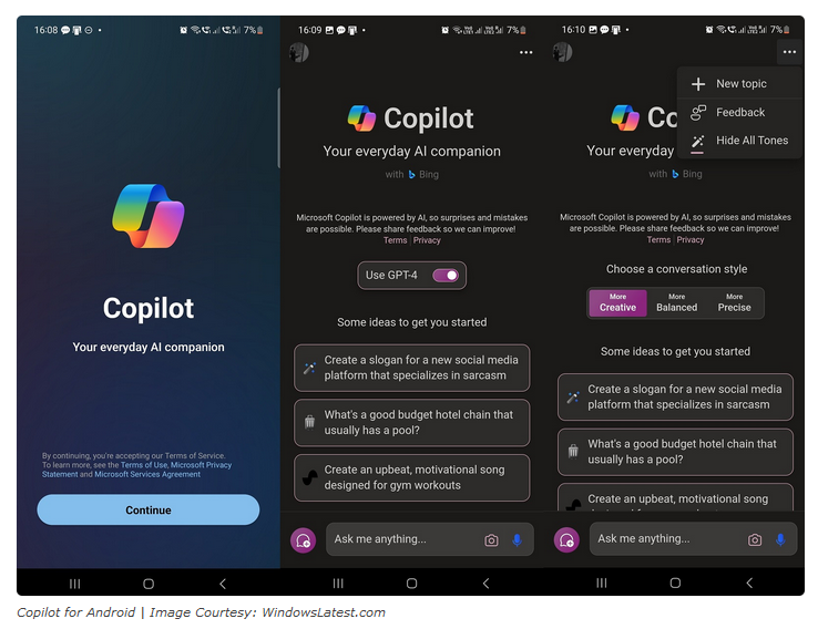 glenngabe's tweet photo. Downloaded it yesterday. Works well -> Microsoft launches Microsoft Copilot for Android, a free ChatGPT-like app that  supports GPT-4 and DALL-E 3; sources say an iOS version should arrive soon https://t.co/j4qq2lq3UR via @mayank_jee on @WindowsLatest https://t.co/iWYS3jb8lK