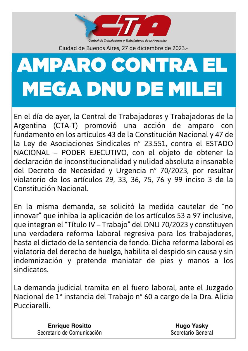 En la <a href="/CTAok/">CTA-T</a> también decidimos presentarnos en la justicia para frenar el mega DNU inconstitucional que solo beneficia a los poderosos y busca arrasar con los derechos de las y los trabajadores.