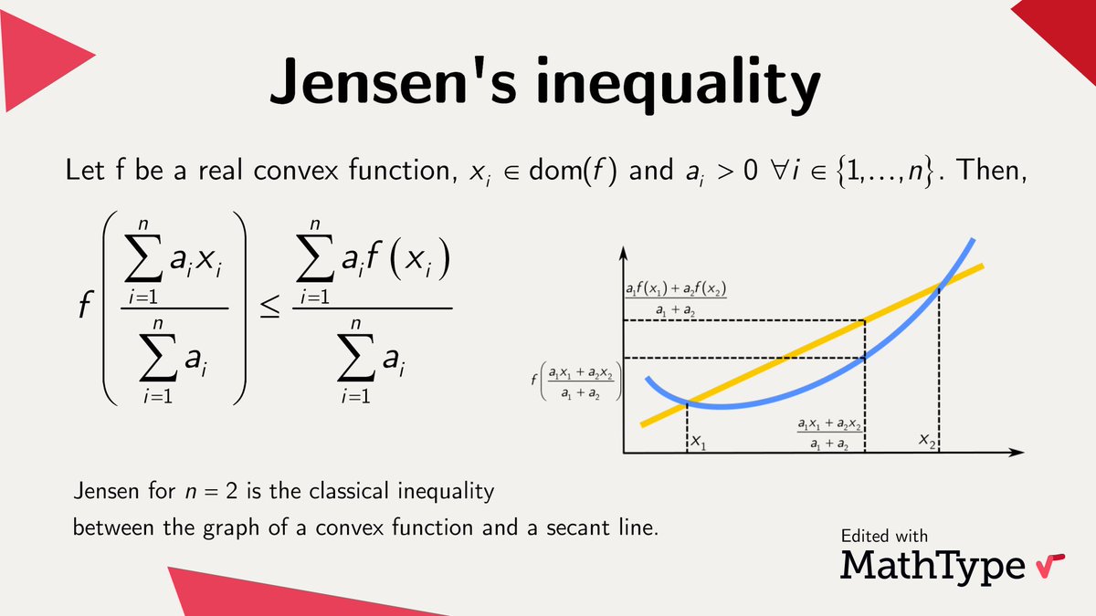 Jensen's #inequality generalizes the fact that the secant line of a convex function lies above the graph of the function. It is important in #Probability and #StatisticalPhysics. Here, we present the finite statement of this inequality.

#MathType #math #mathematics #mathfacts