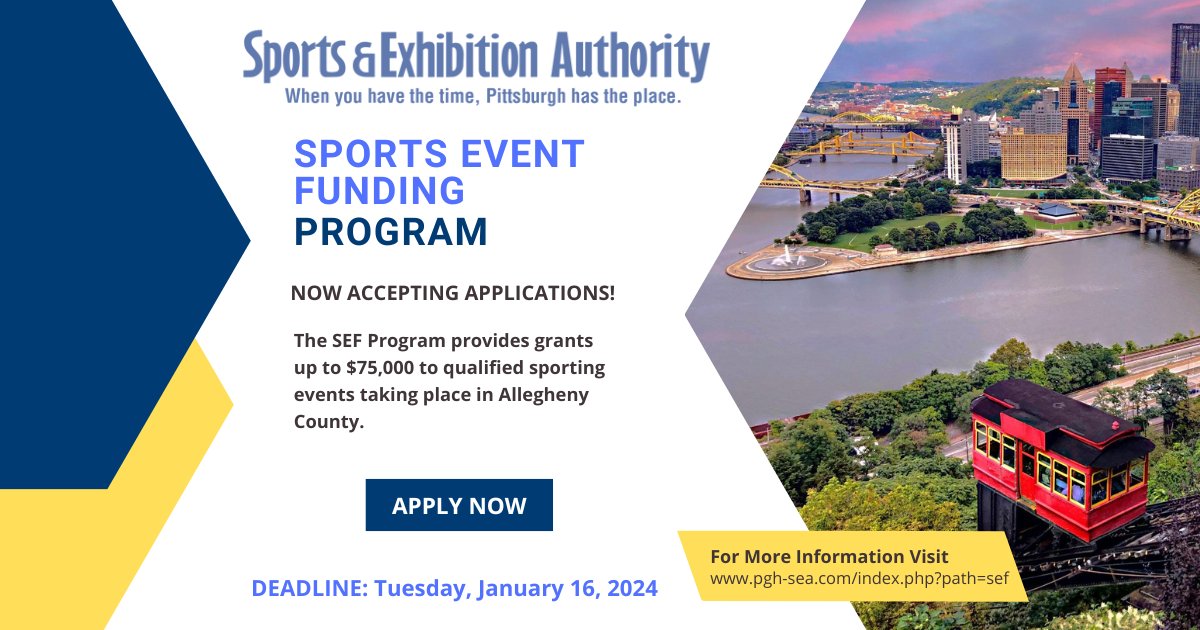 The Sports & Exhibition Authority’s SEF Program is accepting applications now until January 16, 2024, at 3 pm. The program provides financial assistance to qualified sporting events in Allegheny County. Learn more: pgh-sea.com/index.php?path….