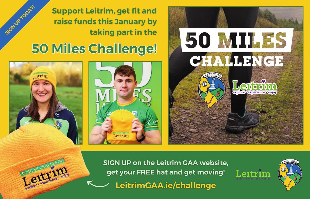 Are you ready for the challenge!
New Year’s Day join others from every club in Leitrim at Pairc Seán Mac Diarmada at 1pm and walk the first mile together. 
#50MilesChallenge 
#EffortIsEqual
#LeitrimLadies

🎁  1 FREE Hat
📅   31 days
🥾  50 miles

SIGN UP:
leitrimgaa.ie/challenge/
