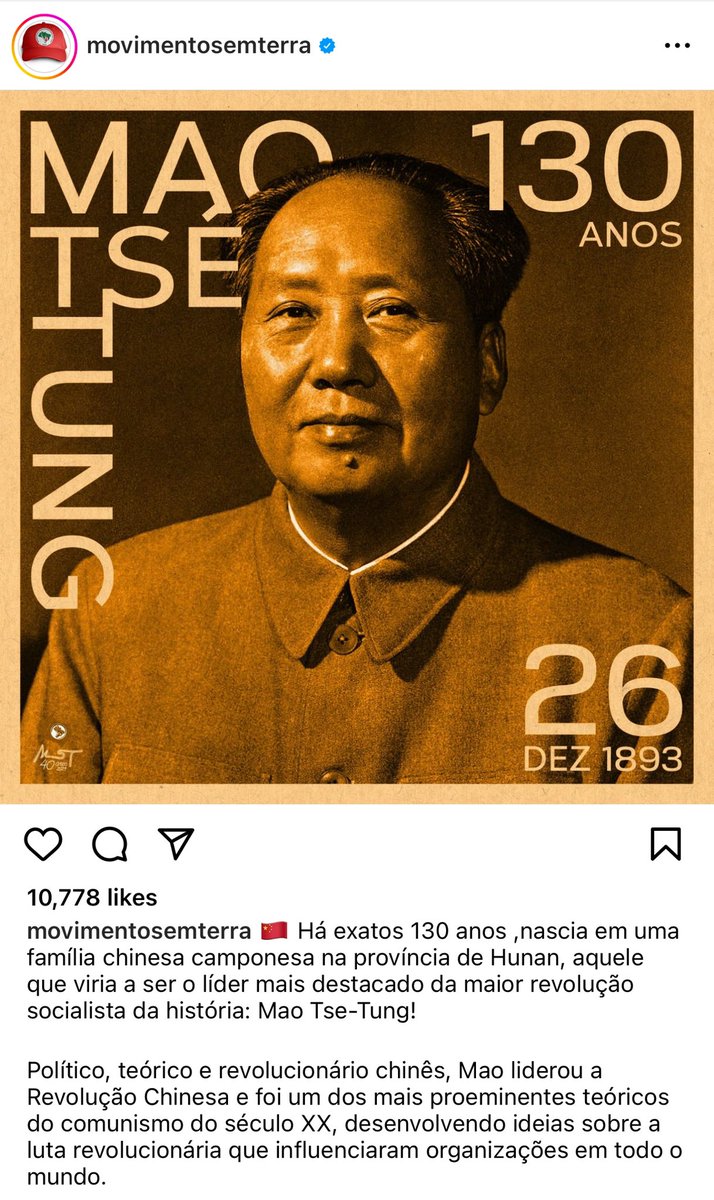 renatajbarreto's tweet photo. MST homenageando ditador que causou a morte de 45 a 70 milhões de pessoas na China. Isso é tudo o que vocês precisam saber sobre esses movimentos. Nunca foi sobre democracia e nunca será. https://t.co/wrHbefhJWG