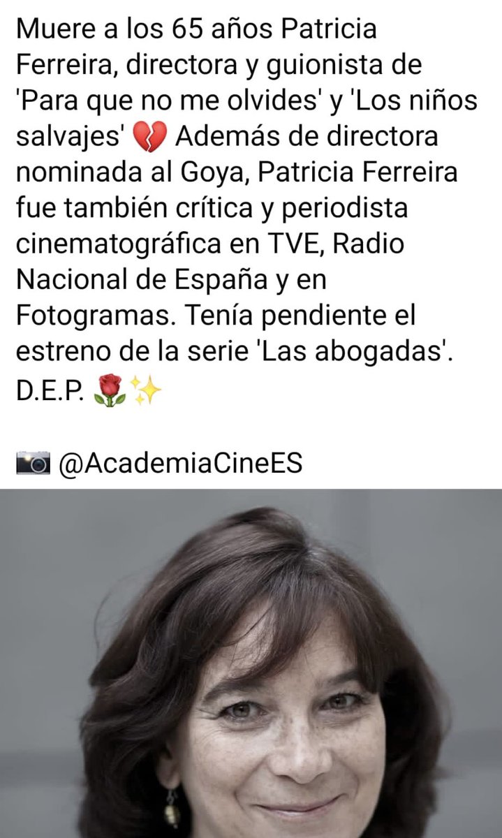 Qué gran pérdida. Tuve la gran suerte de acompañarla en nuestra producción “Els Nens Salvatges”, gran ganadora en 2012 en el <a href="/festivalmalaga/">Festival de Málaga</a>
DEP allí donde estés Patricia💕
<a href="/academiacinecat/">Acadèmia del Cinema Català – Premis Gaudí</a> <a href="/Academiadecine/">Academia de Cine</a>