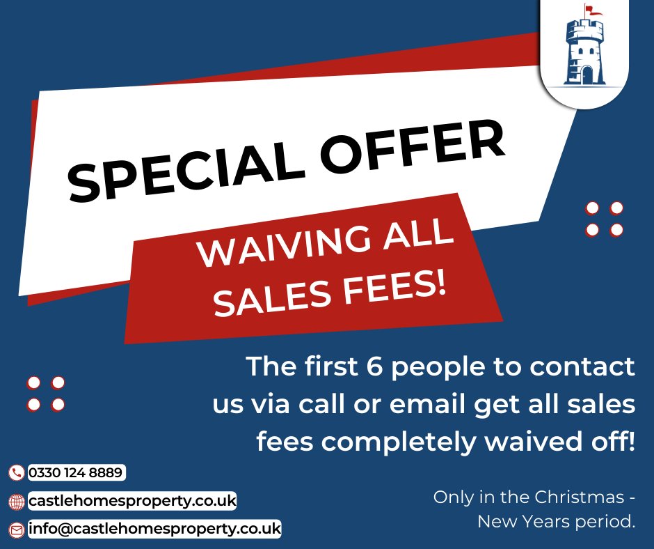 Castle Homes are running a once-only promotion throughout Christmas and the New Year January. The first 6 properties we list for sale, we will sell free from fees. We think this is the deal of a lifetime but it is only for the first six people who contact us.