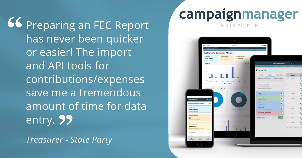 AristotleNews's tweet photo. Campaign Manager is the only 3-in-1 product for compliance, fundraising, and preparing and submitting accounting and business reports — eliminating the need for different databases or separate filing products. See what our clients have said below. #nowyouknow #campaignmanager https://t.co/7ArvyVq9JR