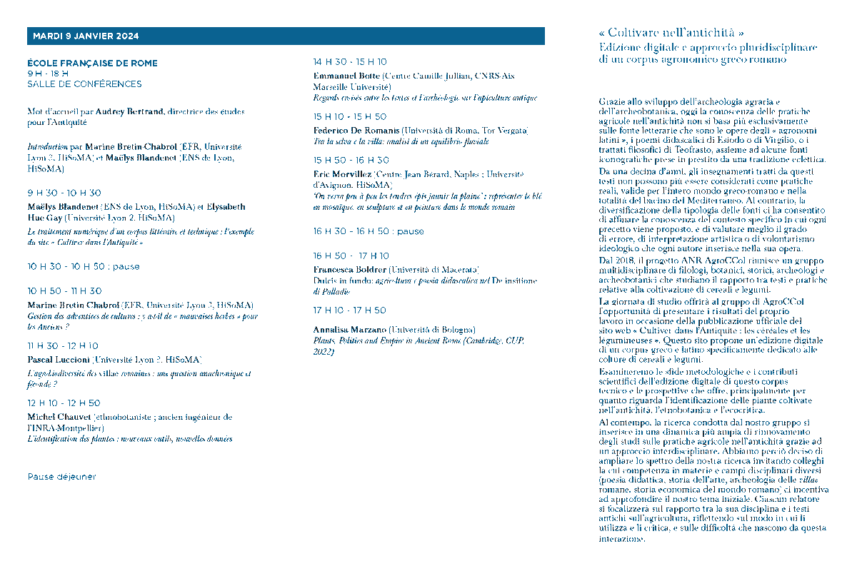 [Journée d'étude] « Cultiver dans l’Antiquité » Édition numérique et approche pluridisciplinaire d’un corpus agronomique gréco-romain, Rome, <a href="/ef_rome/">École française Rome #ResEFE</a>, 9 janvier 2024. Organisation : Maëlys Blandenet  et Elysabeth Hue-Gay <a href="/hisoma_umr/">HiSoMA</a>
efrome.it/la-recherche/a…
