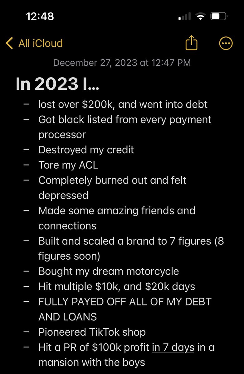 ryanr_ecom's tweet photo. Exactly 1 year ago I lost multiple 6 figures and was sitting in a massive amount of debt.

2023 was my comeback year

2024 I’ll make my dreams a reality https://t.co/D54l1dEXr8