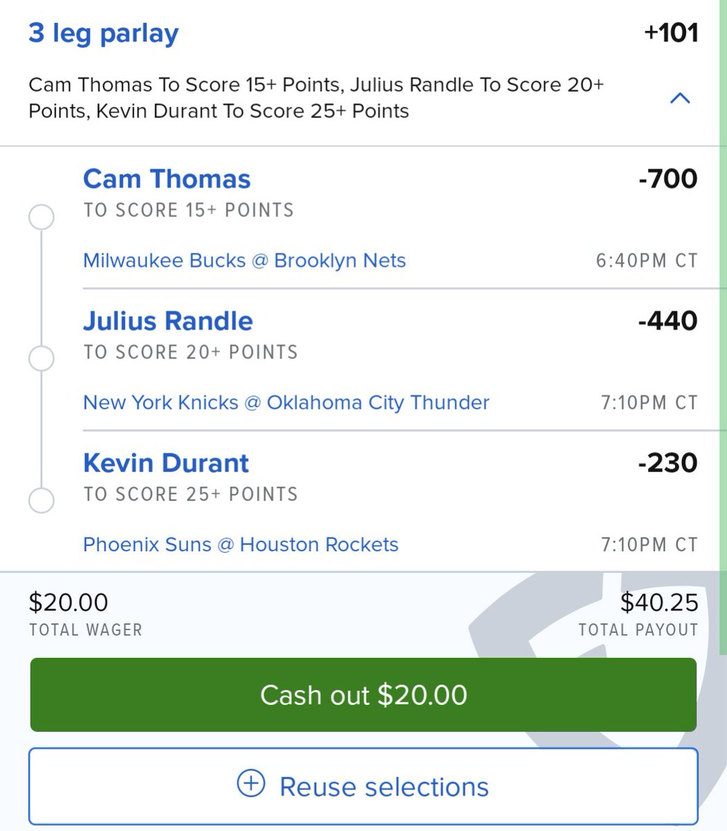 Best Bet #3: Scepter Challenge Day 1 +101 (<a href="/FDSportsbook/">FanDuel Sportsbook</a>) - 1u + $25; trying to turn $25, doubling our $$ each day, into $800 in 5 days.

- Kevin Durant 25+ P
- Julius Randle 20+ P
- Cam Thomas 15+ P

Durant due a bounceback. Randle 20+ in L14. Bucks can't guard guards.