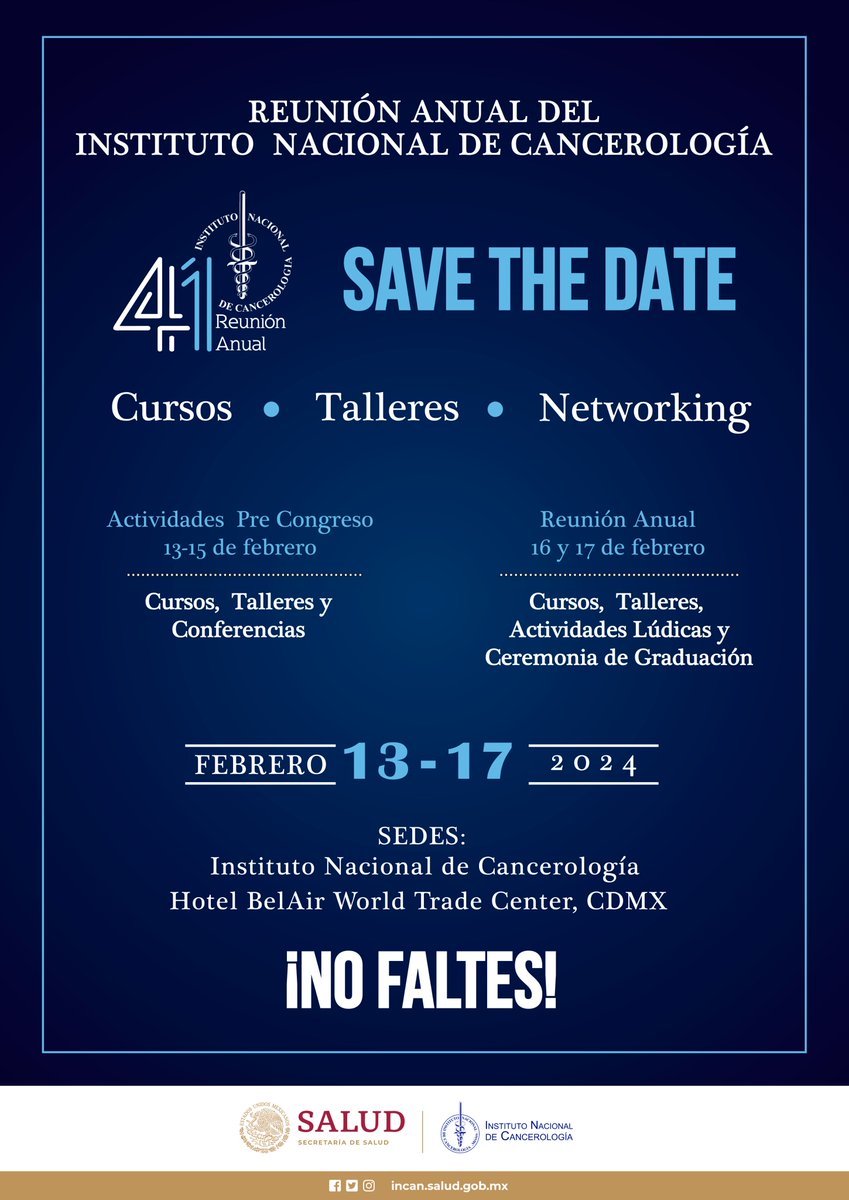 Nos estamos preparando para nuestro evento académico más importante del año; en la 41ª Reunión Anual del Instituto Nacional de Cancerología contaremos con una gran oferta académica así como talleres pre congreso. ¡No te la puedes perder! #RAM2024 #ApartaLaFecha #SaveTheDate