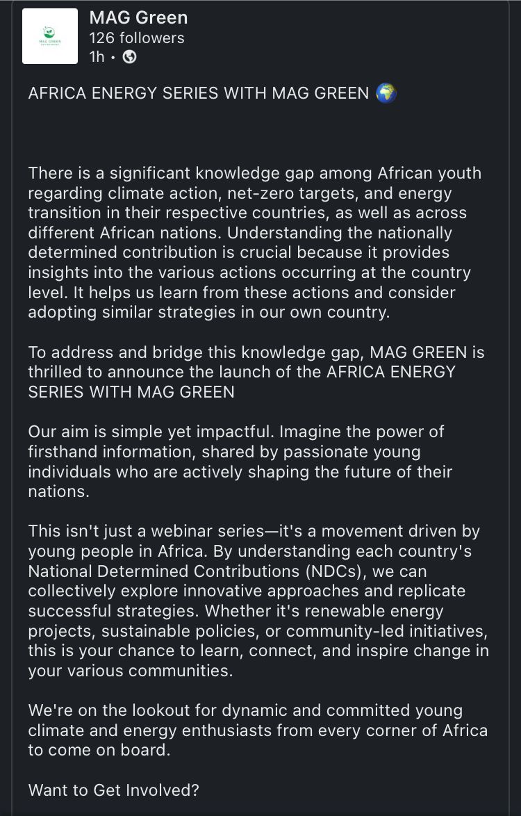 Maggreen360's tweet photo. AFRICA ENERGY SERIES WITH MAG GREEN
We are launching something great for Africa by African youths and we want you to be a part of it.
JOIN US! ππβ³
https://t.co/PRAftBjDoS
#ClimateActionNow #maggreen #WEbinar #africanseries https://t.co/4ESJTqA8xF