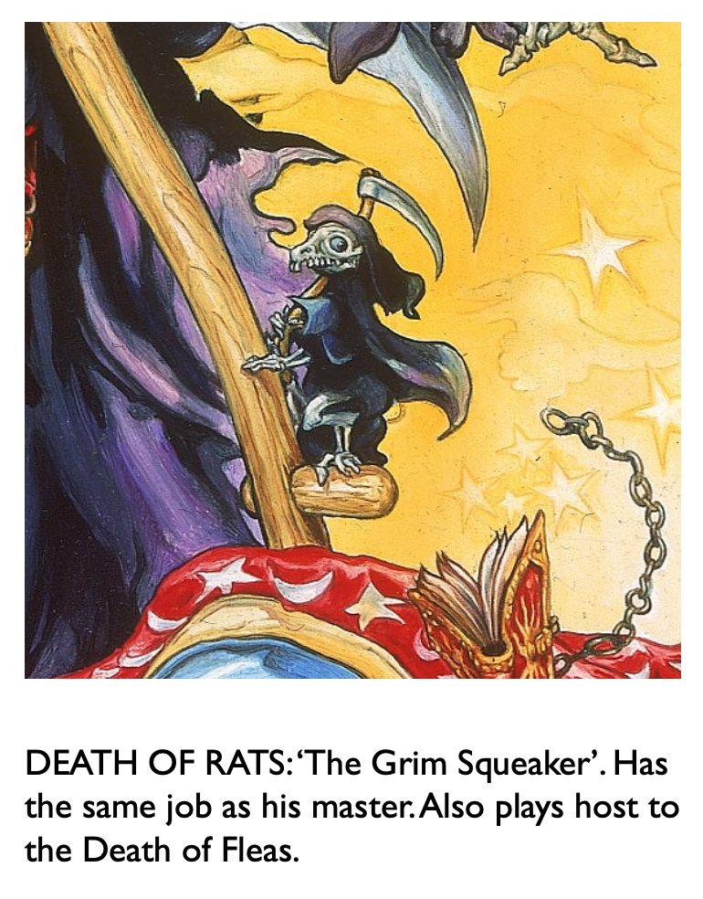 Greetings again, denizens of the Round World! 🌎 
🎭It's part 12 in our illustrious 14-part saga: "Getting to Know You!" 

May we present... Death of Rats! 🖤🖤🖤
🧙
🧙‍♀️
🧙‍♂️
#discworldart #discworld #terrypratchett #JoshKirbyArt #joshkirby