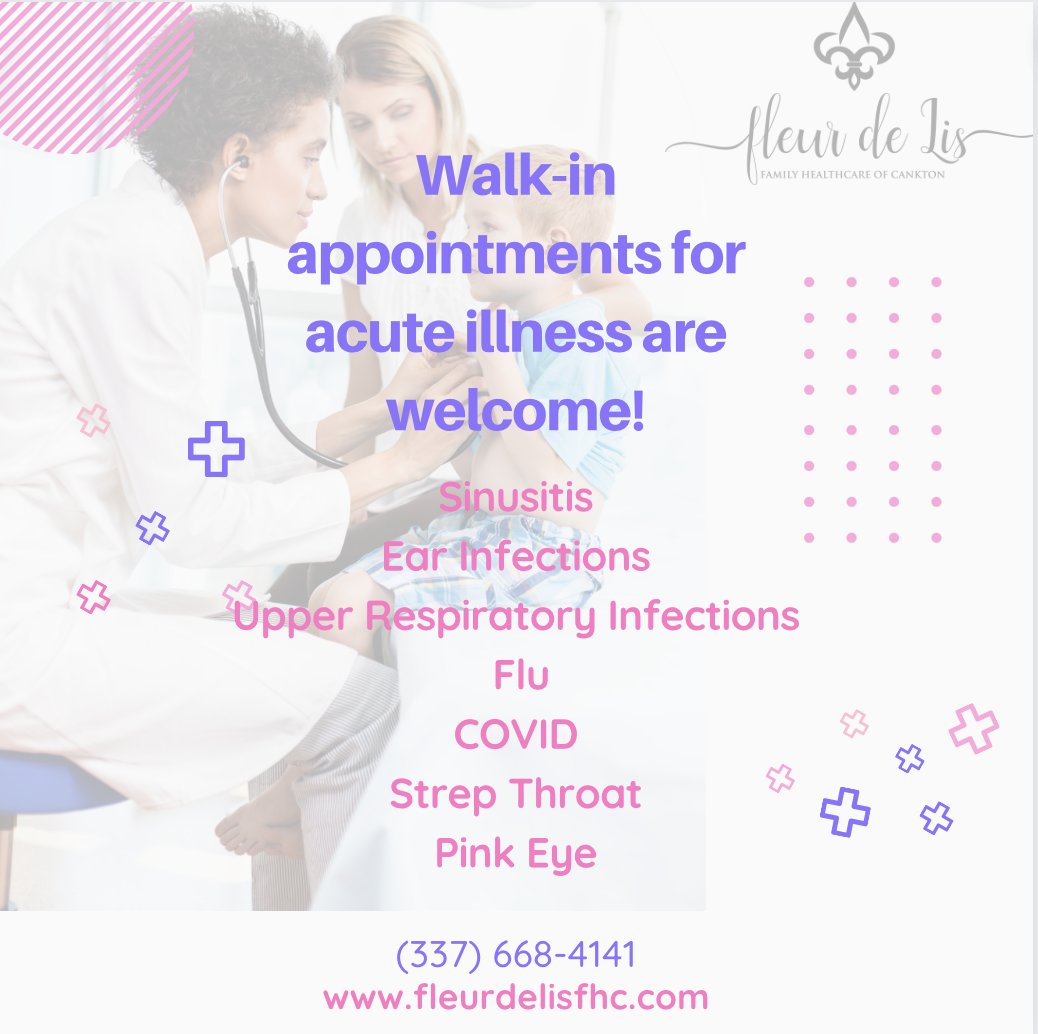 Your health is our top priority.

Let us help you get the care you need with our convenient walk-in appointments for acute illnesses.

#FleurDeLisFHC #RHC #UrgentCare #Cankton #Louisiana #RuralHealthCare #MedicalClinic #HealthcareClinic #FamilyHealthcare #RuralHealth