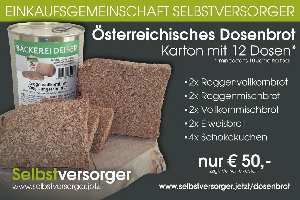 martinrutter's tweet photo. 'Seien Sie bereit für die Zukunft! Unser Dosenbrot-Sortiment bietet Ihnen Sicherheit und Beständigkeit für ein ganzes Jahrzehnt. Nur 50€ für eine Auswahl, die Ihnen Unabhängigkeit und Ruhe in ungewissen Zeiten garantiert. 

➡️ https://t.co/x2J0YWBBmz' https://t.co/EyVgLFgmyX