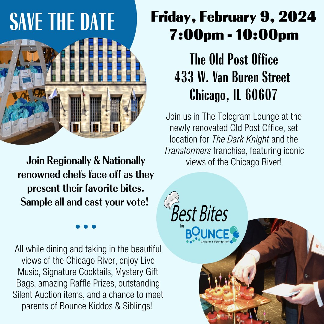 Save the date! Best Bites for Bounce will Friday, February 9th at the Old Post Office! Want to learn more about the event or sponsorship opportunities? Click the link below! 🍽️
bouncechildrensfoundation.org/bestbites/