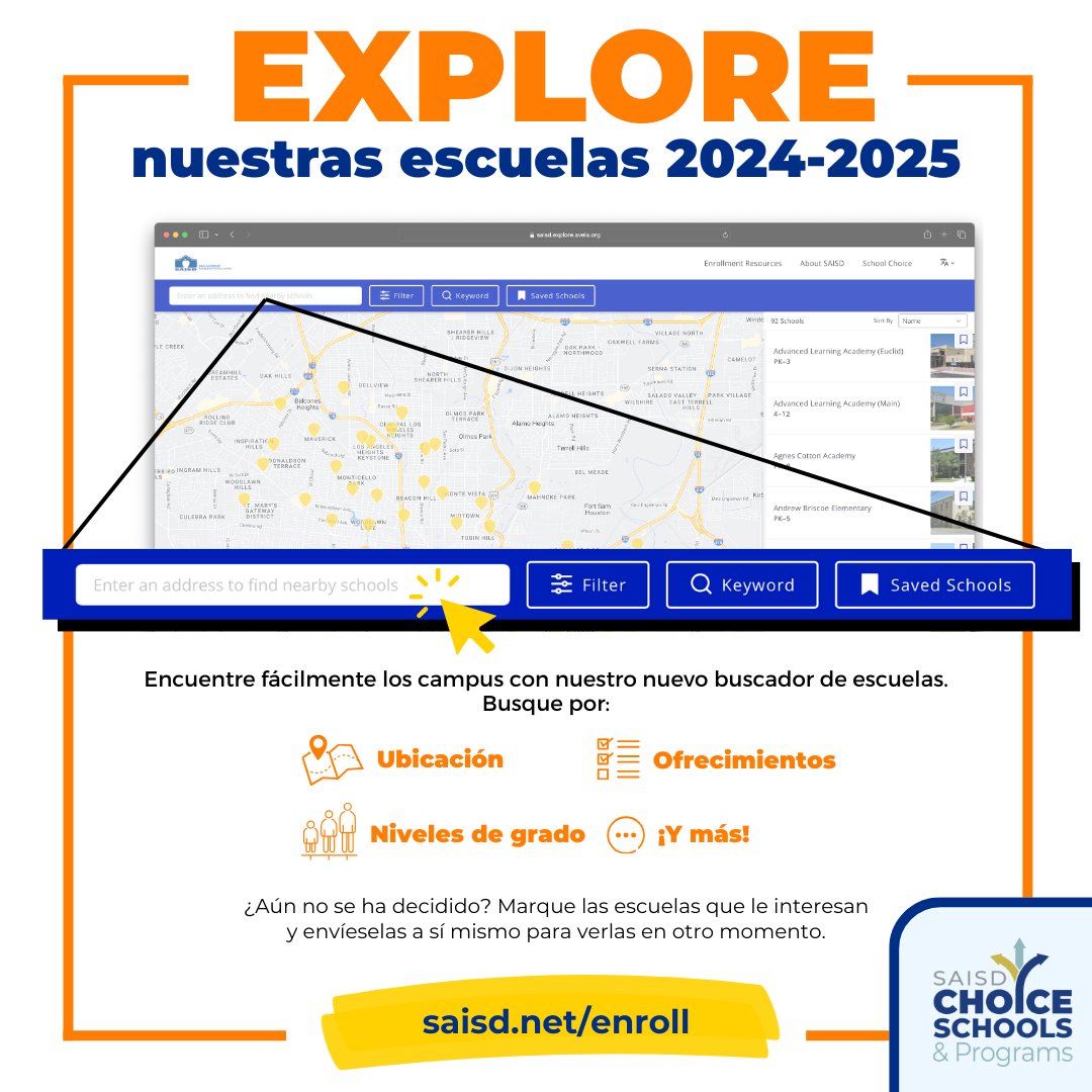 SAISD Choice applications are open! Explore our schools with our new, easy-to-use school finder.

➡️ saisd.net/enroll ⬅️

¡Las solicitudes para las escuelas de opción de SAISD están abiertas! Explore nuestras escuelas con nuestro nuevo buscador de escuelas fácil de usar.