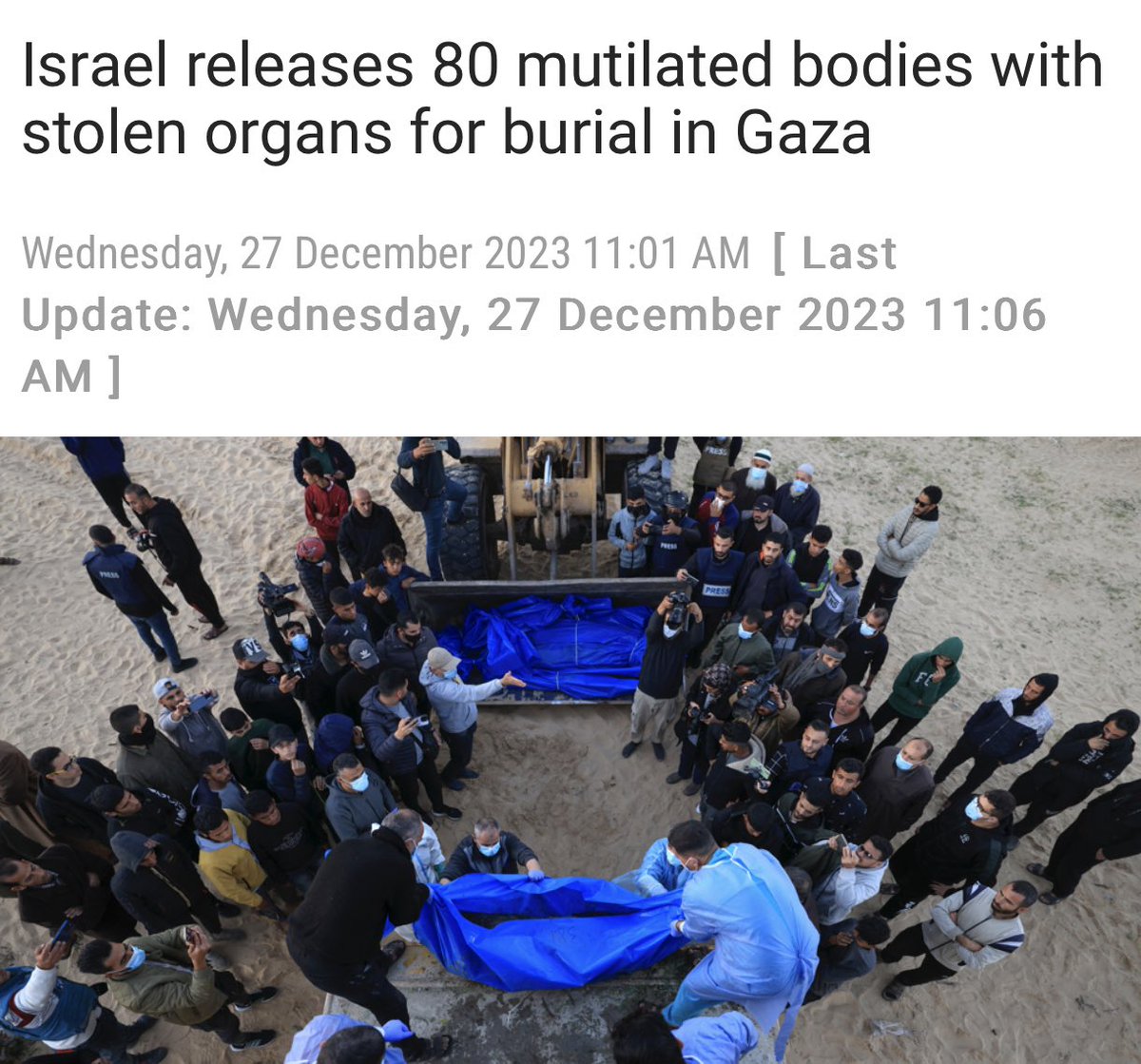 🚨🇵🇸 Hamas reports that ISRAEL STOLE ORGANS from some of the 80 Palestinian bodies which were returned to Gaza!

"The Zionist enemy’s delivery of the bodies of about 80 Palestinian martyrs today in the city of Rafah, which are in a state of decomposition and difficult to