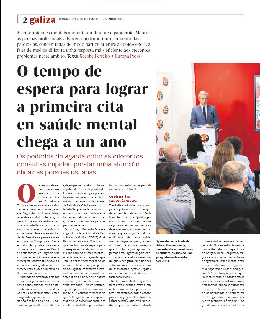 copgalicia's tweet photo. "O tempo de espera para lograr a 1ª cita en #SaúdeMental chega a un ano"
José Berdullas, vogal da Xunta de Goberno do #COPG, denuncia que "os recursos dispoñibles están lonxe do mínimo esixible para garantir o dereito de acceso á atención psicolóxica na rede pública".
#Psicoloxía https://t.co/kTD447WiMq