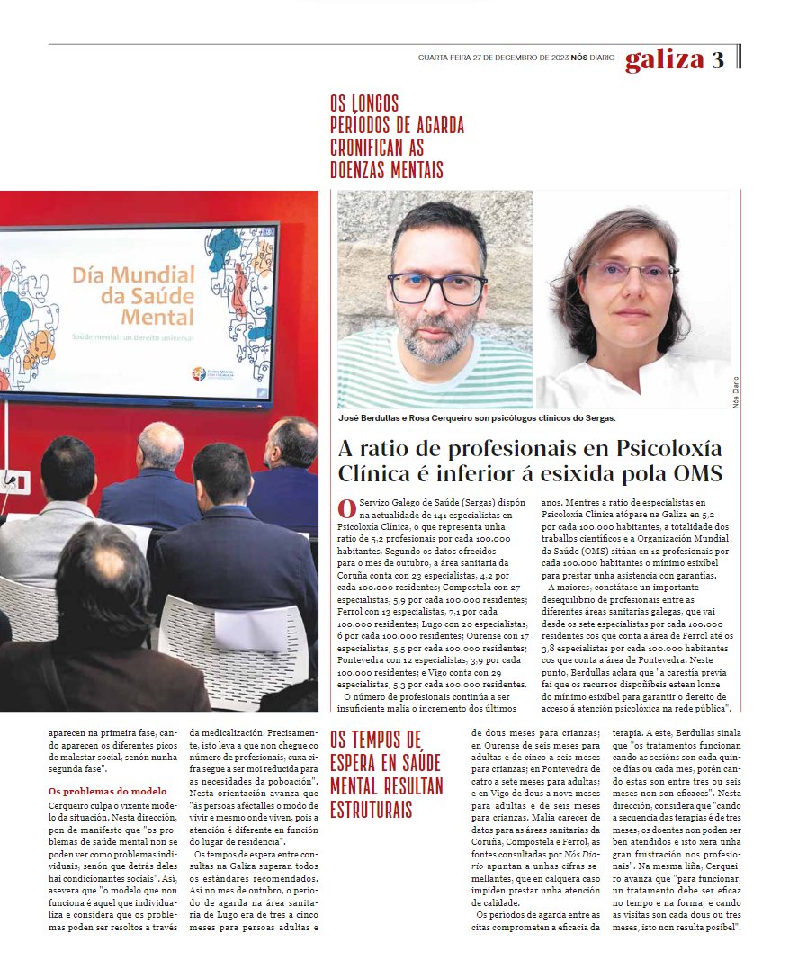 copgalicia's tweet photo. "O tempo de espera para lograr a 1ª cita en #SaúdeMental chega a un ano"
José Berdullas, vogal da Xunta de Goberno do #COPG, denuncia que "os recursos dispoñibles están lonxe do mínimo esixible para garantir o dereito de acceso á atención psicolóxica na rede pública".
#Psicoloxía https://t.co/kTD447WiMq