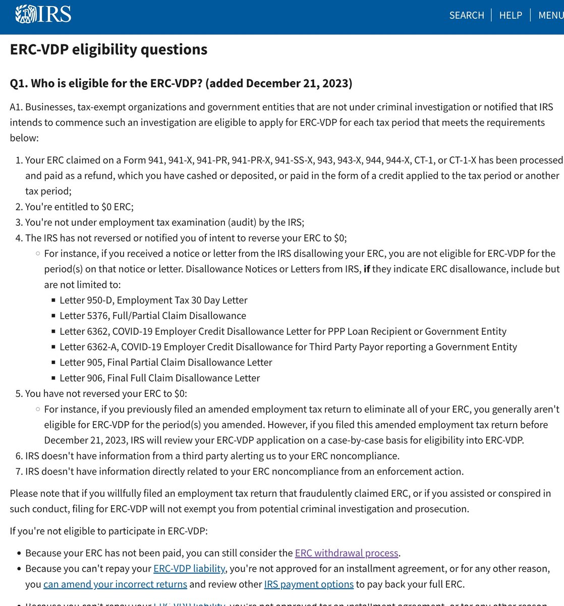 Imagine being a business finally deciding to repay ERC now at 80% with no penalties, no interest, full wage deduction, and keep the refund interest --- only to be denied for the program because the IRS has enforcement information already.

See #6 &amp; 7 below. Tough way to find out.