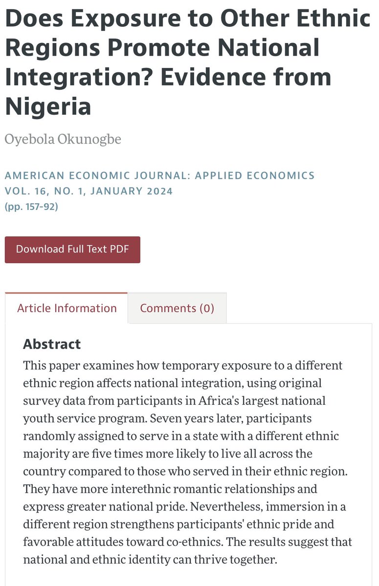 NEW @oyebolaoo Outstanding research is a big win for the contact hypothesis: Striking, broadly positive results from Nigerian youth service inter-ethnic contact, increases both national and ethnic pride and other measures World Bank report is ungated documents.worldbank.org/en/publication…