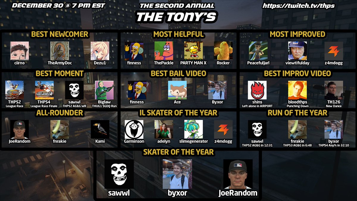 Another wonderful year of Tony is coming to a close. Please join us on December 30th @ 7 PM EST for the second edition of The Tony's - celebrating another great year and handing out a lot of awards by our Viewers and Judges! Follow here: twitch.tv/thps