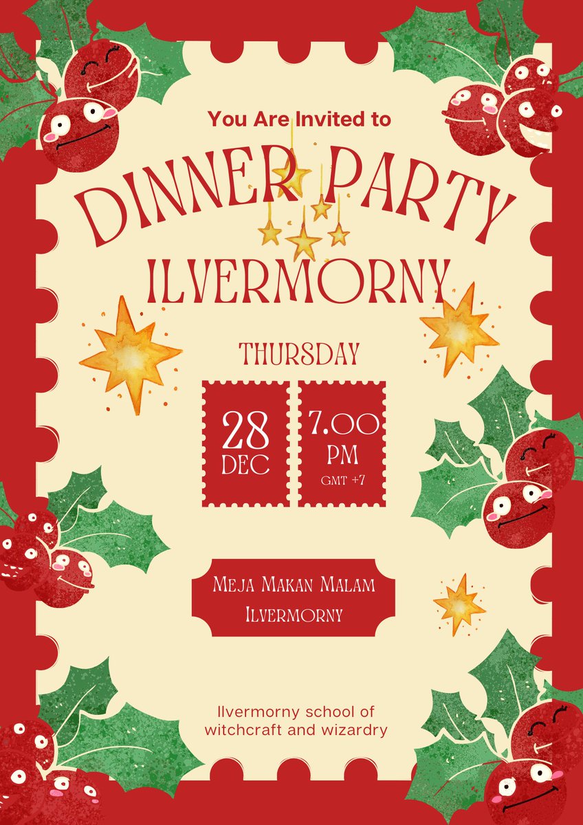 ㅤ
Dear all residents of Ilvermorny.

You are invited to the Ilvermorny's Dinner Party that will be held on this Thursday, December 28th 2023 on 7 PM (GMT+7) at the Great Hall of Ilvermorny.
ㅤ