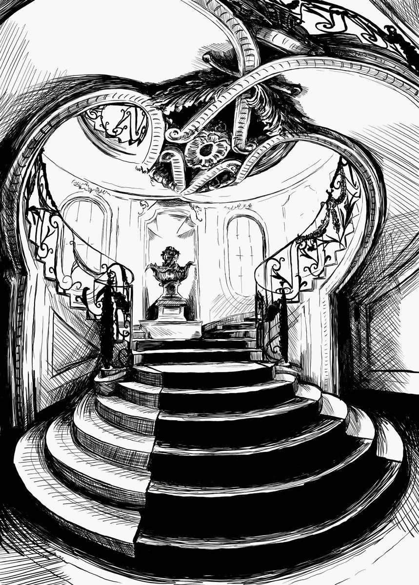 My drawing of the fancy staircase of the Palazzo d'Azeglio, where I work for @TurinHumanities 🏛️