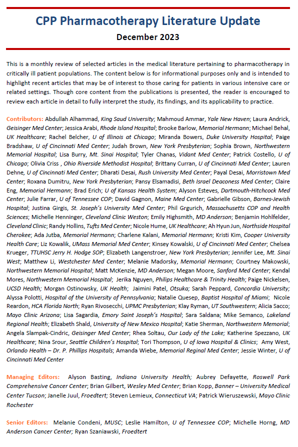 SCCM CPP Section’s December Pharmacotherapy Literature Update features 10 summaries of recent publications on 🔥 topics like procedural sedation, vasoplegic shock, and Vitamin C in COVID-19. CPP members can access via SCCM Connect! #PharmICU #CPPPLU 

loom.ly/TDEhqfk