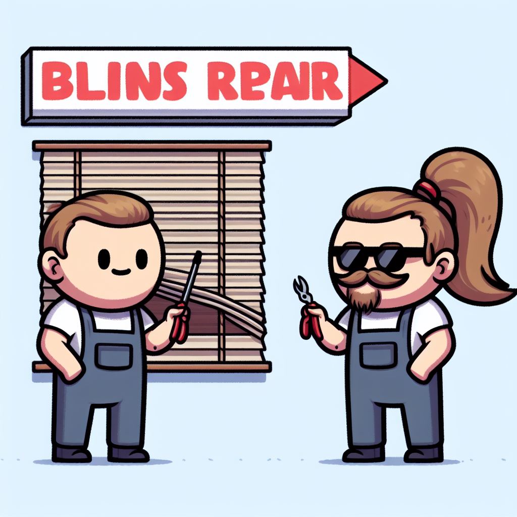 Die AI is nog lang niet I. Gevraagd; "A funny cartoon of a blinds repair shop. The repairman is by himself, there is no one else. and he has a ponytail but has no mustache or beard. He also does not have facial hair."
