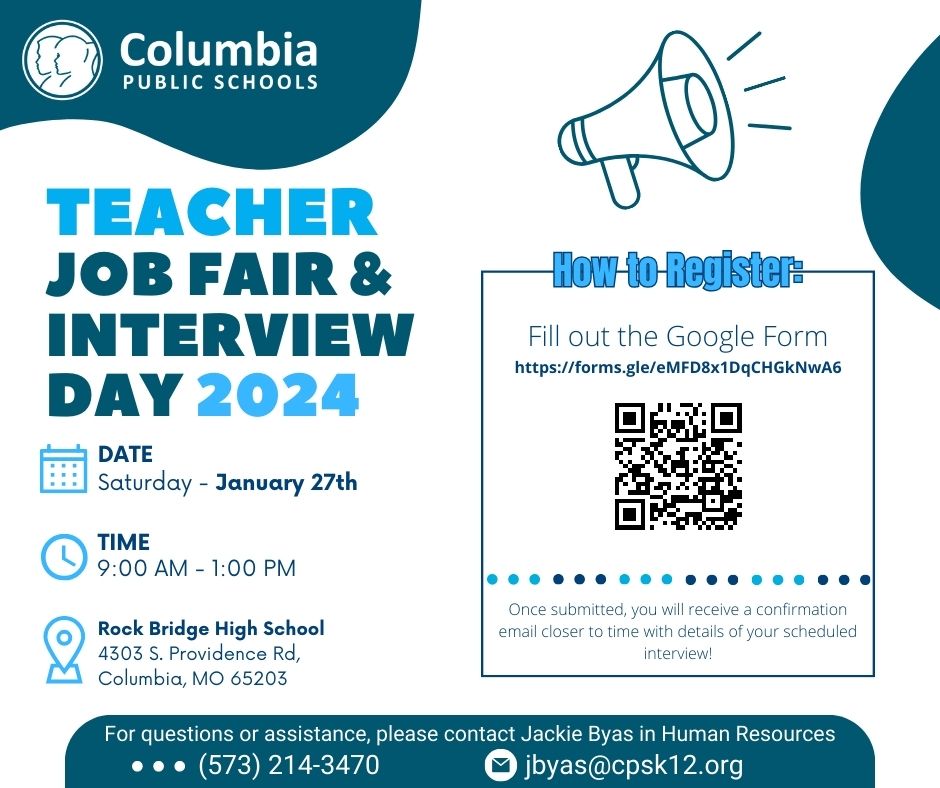 If you are interested in teaching for CPS for the 2024-25 School Year, don't miss this opportunity to interview and meet with various school buildings!! Registration is FREE: forms.gle/eMFD8x1DqCHGkN… Job listings can be found here: columbia.tedk12.com/hire/index.aspx