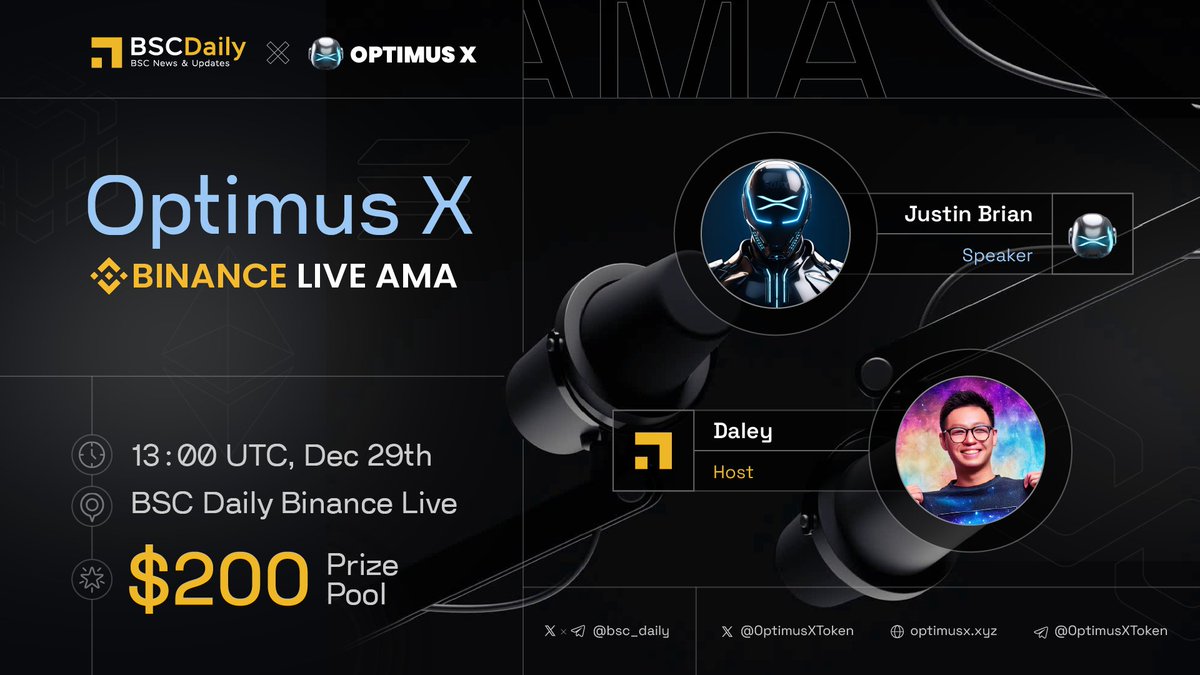 bsc_daily's tweet image. We&apos;re excited to host a #BinanceLive AMA with @OptimusXToken

📍 Watch here: binance.com/en/live/video?…
🗓️ Date: Dec 29th, 13:00 UTC

💵$200 #Giveaways ⬇️

1⃣ Follow @OptimusXToken
2⃣ Ask questions on Binance!
3⃣ Like &amp;amp; RT

#Sponsored