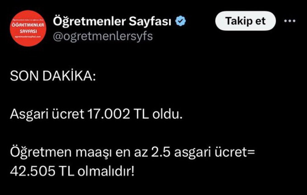 Öğretmenler Sayfası:

Asgari ücret 17.002 TL oldu.

Öğretmen maaşı en az 2.5 asgari ücret = 42.505 TL olmalıdır!