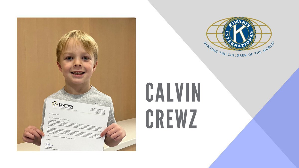 ETCSD's tweet photo. East Troy Kiwanis Club, partnering with ETCSD, presents CALVIN CREWZ as the December Student of the Month for Little Prairie!! 👏👏🎉
Calvin has a heart of gold, a great sense of humor, and gives 100% in everything he does. Congrats!!
#ETlearningignitED #Kiwanis https://t.co/35kRyLlUlK
