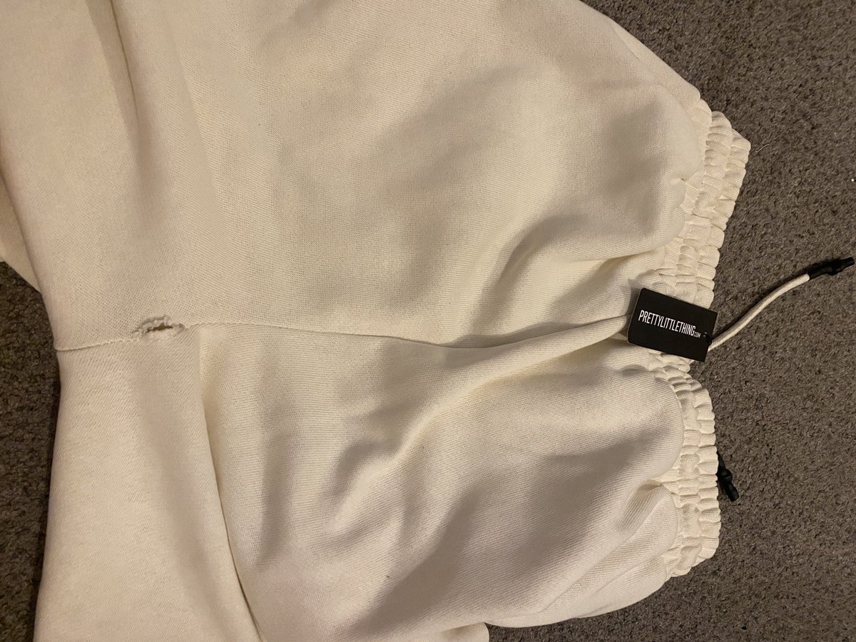 Chelsea75168726's tweet photo. @OfficialPLT Just got these joggers and they’ve come split down the middle, not worn and can see I’ve still got the tag on. Not happy at all https://t.co/VK2isknotA
