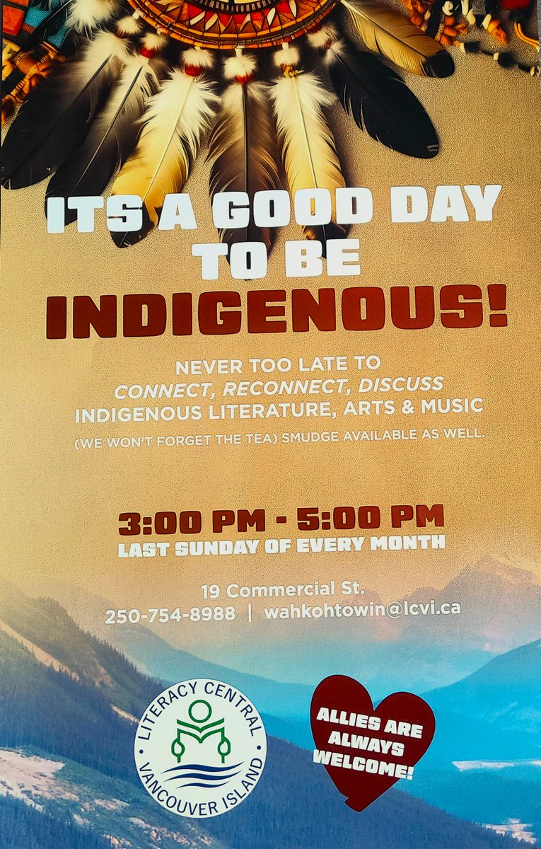 LitCentralVI's tweet photo. Literacy Central hosts  "Its a Good Day to be Indigenous" ; a cultural learning circle the last Sunday of the month - all welcome!  explore! teach! learn! about indigenous art, music and knowledge - this New Years' Eve included! #allieswelcome #nanaimo #literacy #culturalevents https://t.co/JmwDJKMXU3