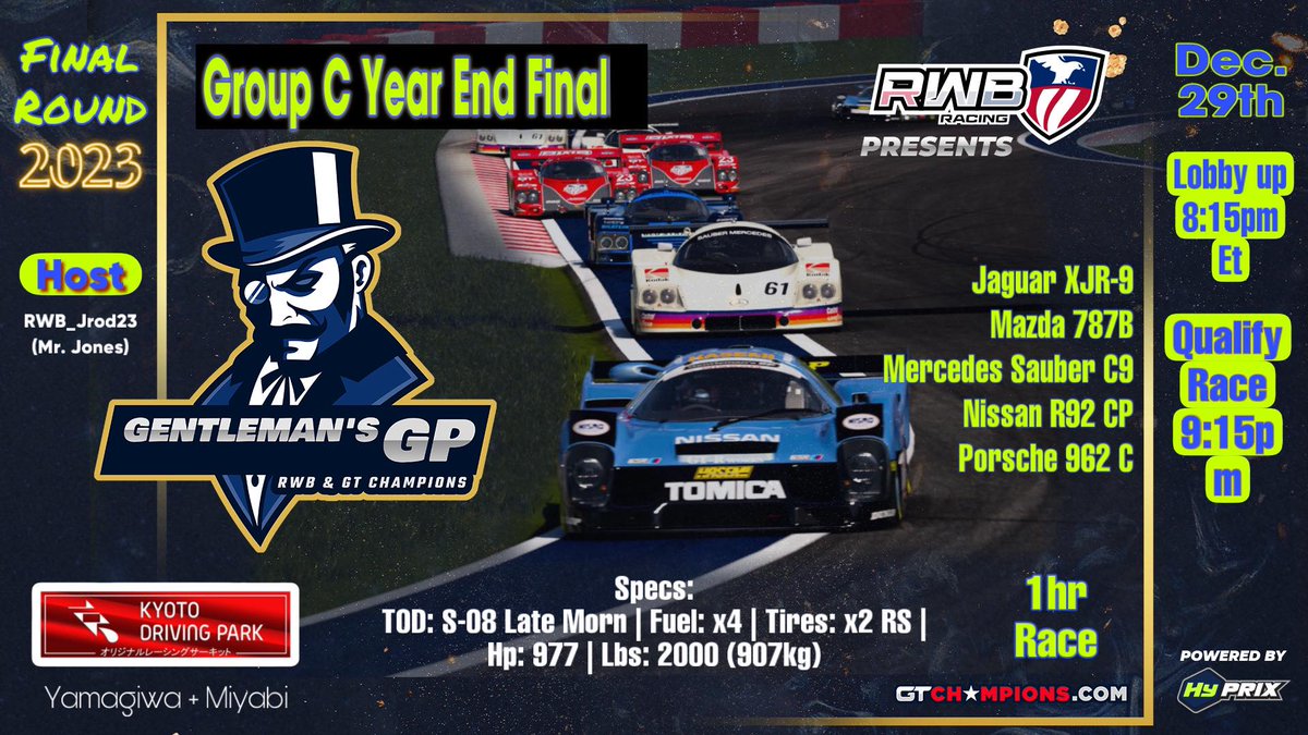 RWB_Racing's tweet photo. Who’s ready to battle it out in the “Group C Year End Final” in the Gentleman’s GP-Friday Night Enduro race? You still have time to come join in on the fun of this long-running series! See below for full race details.
https://t.co/nqpLRRSKDC

#GTCHAMPIONS #GT7 @RWB_Racing https://t.co/taJAKgNfLi