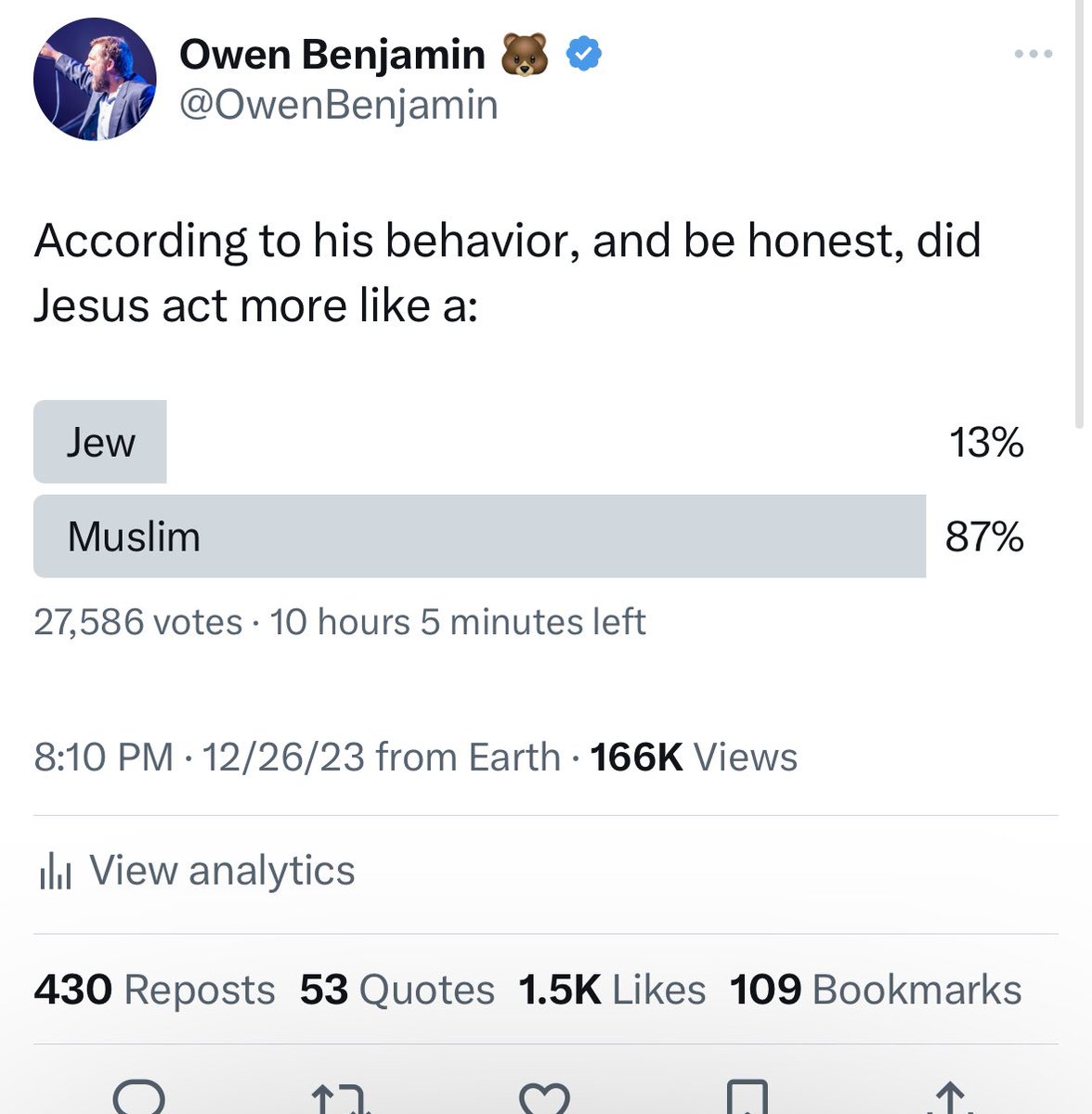 OwenBenjamin's tweet image. This poll is absolutely spiraling people on Twitter. And “Christian” isn’t an option because it means to follow Jesus Christ why would Jesus follow himself? 
People are now giving wild speculations to my motivations. Well…WWIII is brewing in the Middle East between Muslims and…