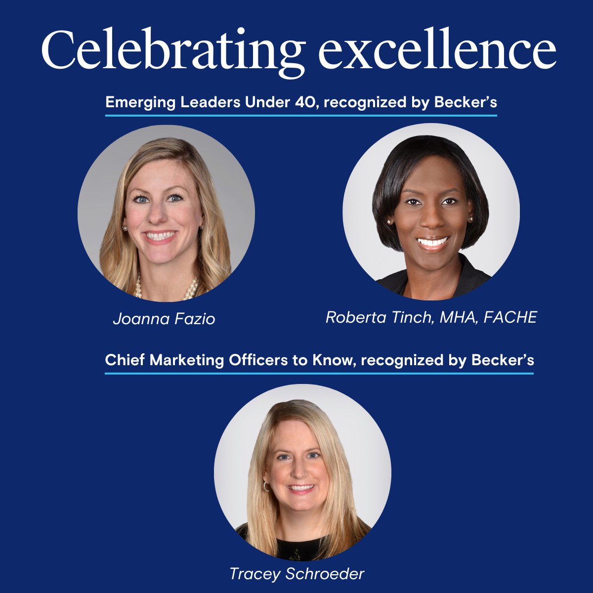 Thrilled to share that Inova's Joanna Fazio & Roberta Tinch have been named to @BeckersHR's list of emerging healthcare leaders under 40.bit.ly/48f5QVa. Tracey Schroeder has earned a spot on the Chief Marketing Officers to Know list by @BeckersHR! bit.ly/489p6n9