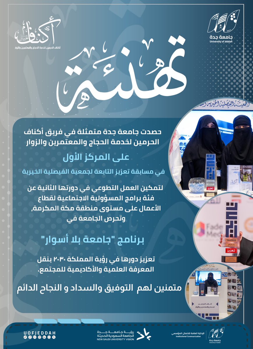 UOfjeddah's tweet photo. 🥇 |

#جامعة_جدة تحقق المركز الأول في مسابقة "تعزيز " التابعة لجمعية الفيصلية الخيرية عن فئة برامج المسؤولية الاجتماعية لقطاع الأعمال على مستوى منطقة مكة المكرمة، وتحرص الجامعة في برنامج "جامعة بلا أسوار" تعزيز دورها في #رؤية_السعودية_2030 بنقل المعرفة العلمية والأكاديمية للمجتمع.